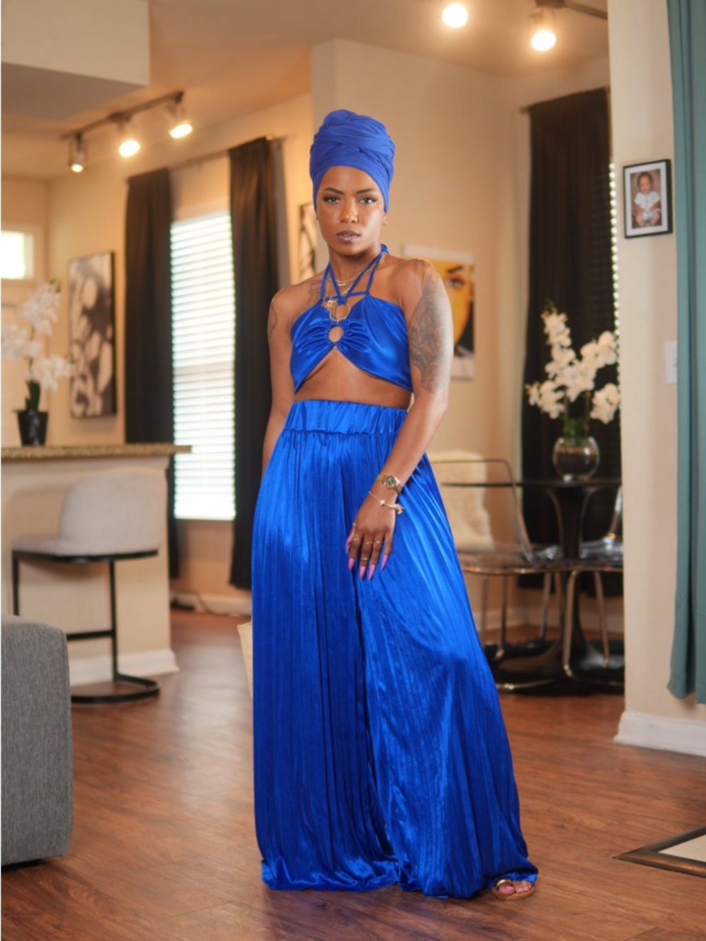 Elegant Royal Blue Pleated Pant Set